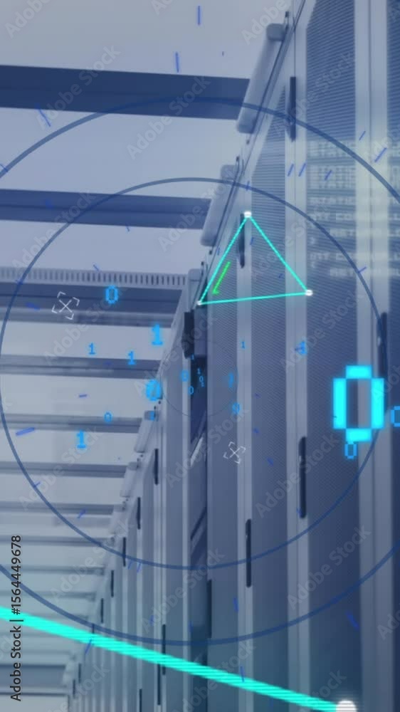 Poster animation of binary codes over circles and connected dots forming shape against server room