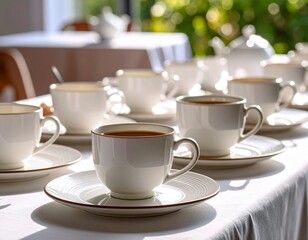 Fototapeta premium A calming tea setup with ceramic mugs and dessert plates arranged symmetrically
