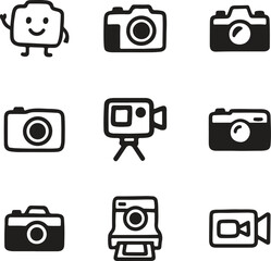 Camera Icons: Diverse collection of camera icons, perfect for illustrating photography, equipment, or digital imagery. This image embodies the essence of visual storytelling.
