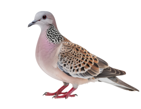 Spotted dove with distinctive spotted neck pattern perched isolated on white background