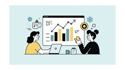 Two women analyzing a business chart on a screen for strategic planning and growth