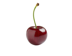 Fresh red cherry with green stem and glossy skin isolated on white background