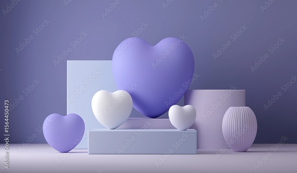 Poster minimalist elegant purple and white hearts arranged on a geometric podium, creating a modern and sty