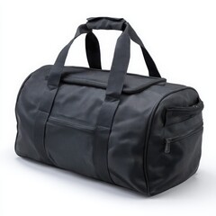 Naklejka premium A stylish black duffel bag with textured material and convenient side pockets perfect for travel and gym use isolated on white