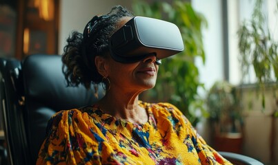Happy candid disabled woman VR gaming at home wearing a VR headset. Black female gamer in a wheelchair enjoying a virtual reality headset experience, Generative AI