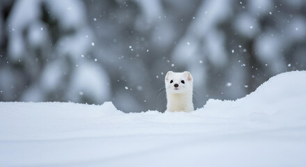 雪原からひょっこり顔を出す冬毛のオコジョ（ヤマイタチ）｜純白の景色に溶け込む小さな野生動物の可愛らしいワンシーン -生成AI