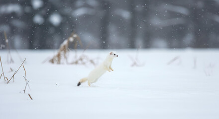 雪原を跳ねる冬毛のオコジョ（ヤマイタチ）｜白銀の世界を駆け抜ける可愛い野生動物の躍動感ある瞬間 -生成AI