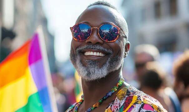 Mature Black African American gay man celebrating the Pride festival with rainbow flags, candid LGBTQ+ summer parade, Generative AI - Powered by Adobe