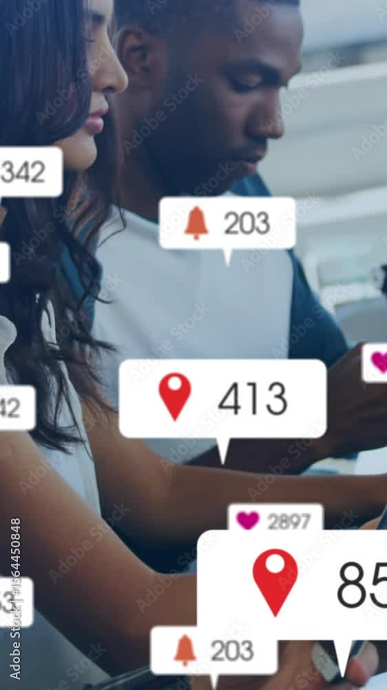 Aufkleber animation of changing numbers and icons in notification bars, diverse coworkers using technology