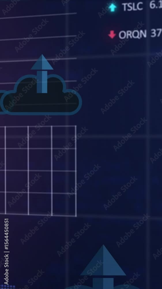 Poster animation of arrow in cloud with graphs, computer language and trading board over black background