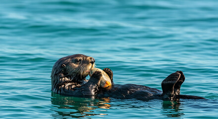 海に浮かびながら貝を食べるラッコの可愛らしい姿｜波間でリラックスする野生動物の生態を捉えた躍動感ある瞬間 -生成AI