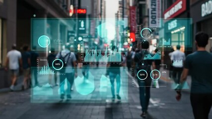 People walking in a busy urban street with data overlays - Powered by Adobe