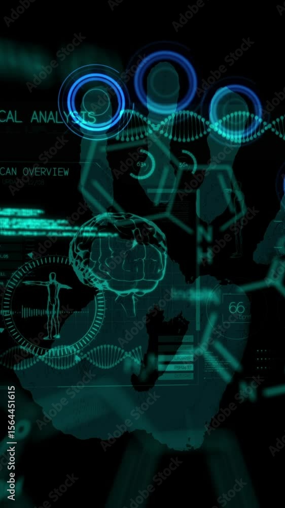 Poster animation of chemical formulas and data processing over fingerprints on black background