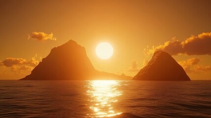 Golden Sunset Over Ocean with Silhouetted Mountains and Reflective Water