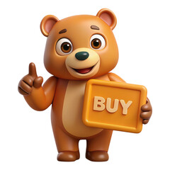 3d cartoon bear holding buy sign on transparent background