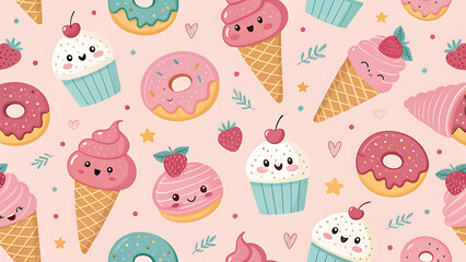 Cute seamless pattern with ice cream, donuts and berries.
