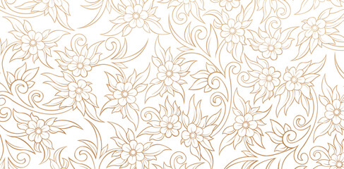 Seamless pattern flowers and leaves Elegant Floral Ornament with Swirls and Golden Accents isolated white backgrounds for fabric, textile, cover, wrapping paper, greeting cards and Invitation material