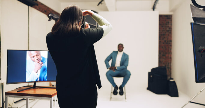 Model, photography and shooting with man in studio business fashion, about us and profile picture. Professional branding, career photoshoot and behind the scenes with people on set for production