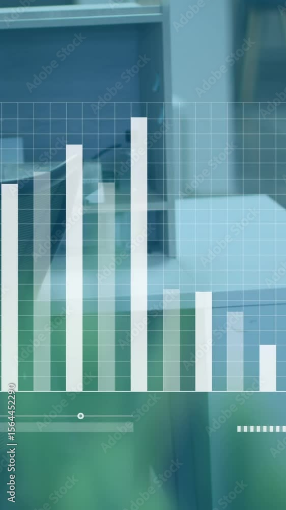 Poster animation of interface with statistical data processing against view of a office desk