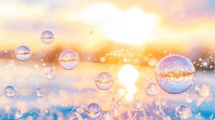 Ethereal Bubbles Floating in Golden Light, Reflecting a Dreamlike Landscape