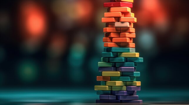 An abstract stack of colorful books and cubes glowing with digital light against a motion-blurred city night, symbolizing business technology