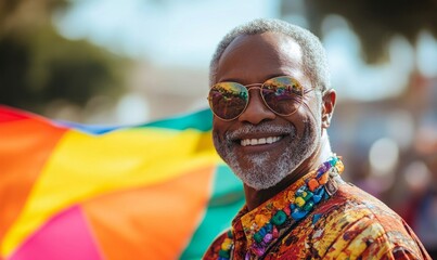 Happy Black senior gay man celebrating Pride festival parade with a rainbow flag on a sunny summer day. Candid gay pride celebrations with inclusive and diverse homosexual mature people, Generative AI