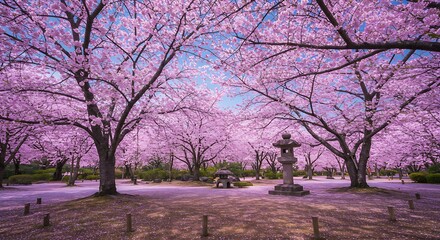 Obraz premium Lush cherry blossoms blanket a park.
