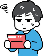 通帳を見て悩む男性