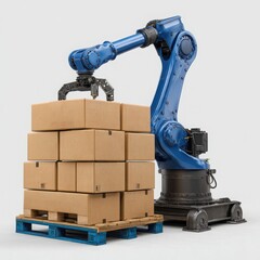 A blue industrial robotic arm precisely stacking cardboard boxes onto a wooden pallet with a blue plastic base