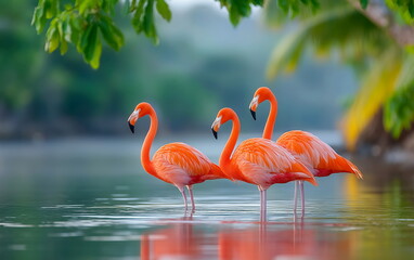 Fototapeta premium Three pink flamingos wading in calm tropical water