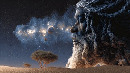 Mythical Earth God Portrait in a Desert Under a Starry Cosmos.