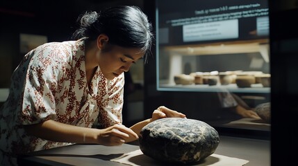 Archaeologist or Curator Carefully Restoring an Ancient Artifact in a Museum.