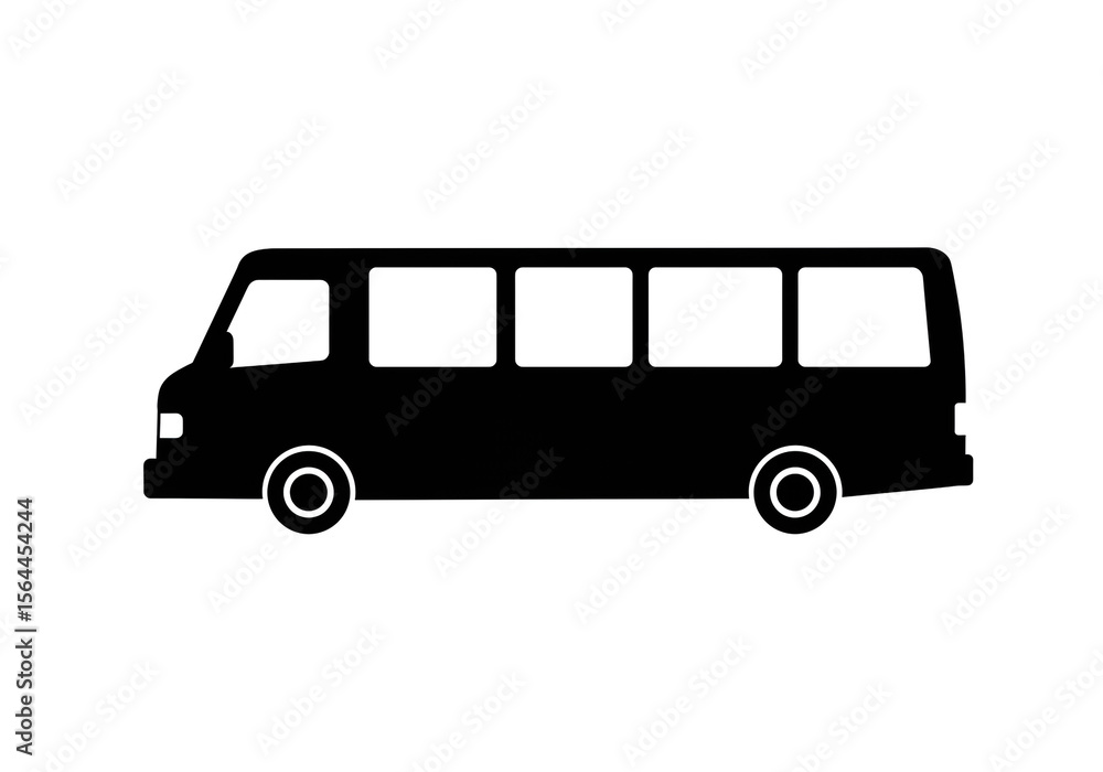 Aufkleber a black silhouette of a bus with multiple windows and two visible wheels on a white background