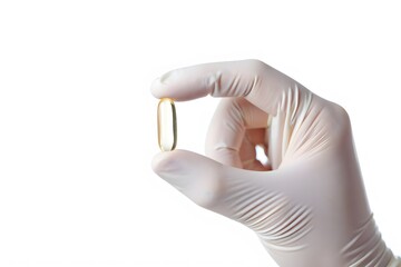 Gloved Hand Holds Single Yellow Gel Capsule for Medical or Health Supplement Use