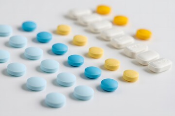 Rows of light blue and yellow pills arranged like an arrow pointing to the right with white square pills following