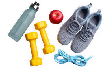 Fitness essentials including dumbbells sneakers water bottle apple and jump rope isolated on transparent background