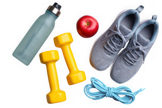 Fitness essentials including dumbbells sneakers water bottle apple and jump rope isolated on transparent background