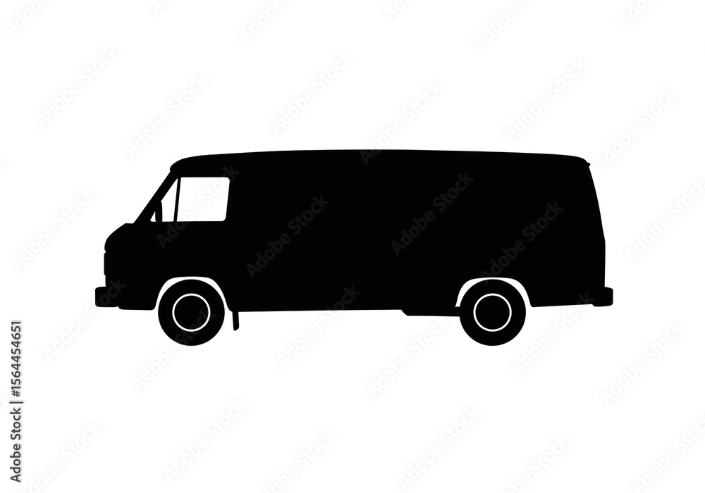 Poster silhouette of a black van with visible wheels and a window on a white background plain and simple