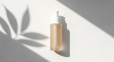 Light beige cosmetic bottle with leaf shadow.