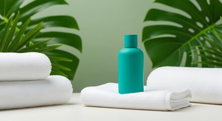 Teal bottle resting on folded white towels amongst lush greenery.
