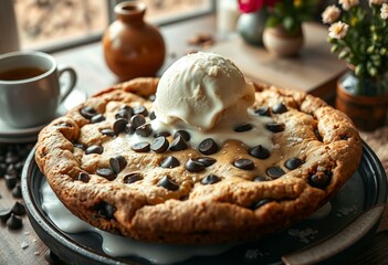 Giant chocolate chip cookie with artisanal ice cream and sea salt