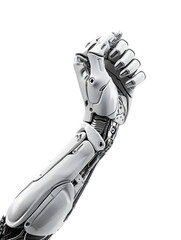 Rising cybernetic arm displays strength and technological advancement against a transparent background, ideal for illustrating futuristic concepts and advanced technology.