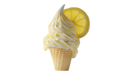 Luscious lemon soft serve with a slice on top presents a refreshing dessert experience, delicious treat, and a vibrant citrus flavor, transparent background
