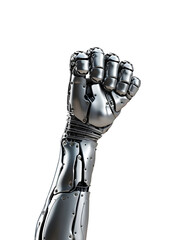 Metallic cyborg arm raises a clenched fist against a transparent background, symbolizing power, technology, and the future, rendered with detailed mechanical features.