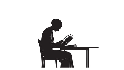 Serene woman reading a book while sitting at a table in a minimalist silhouette style