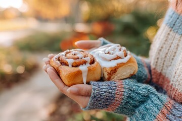 Warm Cinnamon Rolls in Hands Surrounded by Nature, Cozy Sweater, Autumn Vibes, Sweet Treats, and Delicious Pastries Perfect for a Relaxing Day Outdoors