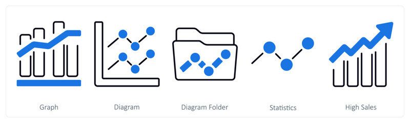 A set of 5 mix icons as graph, diagram, diagram folder