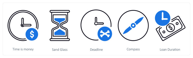 A set of 5 mix icons as time is money, sand glass, deadline