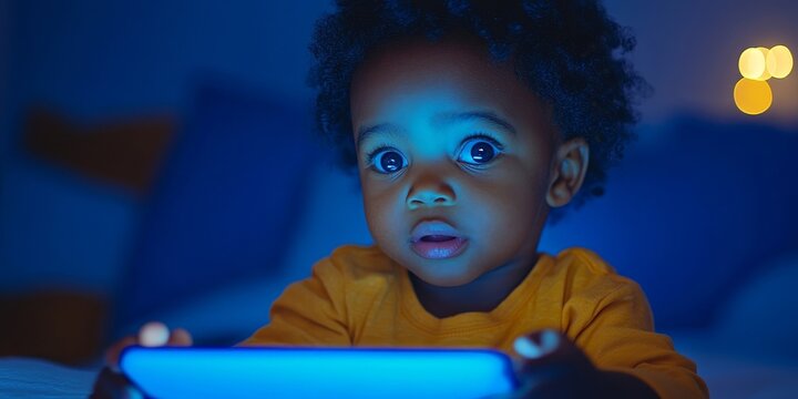 Young Black child using a smart tablet. Happy African American boy gaming on an iPad. Toddler using AI technology on a tech device. Blue light from the computer screen, Generative AI