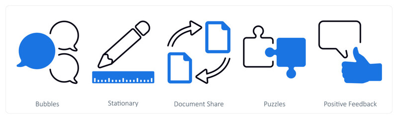 A set of 5 mix icons as bubbles, stationery, document share